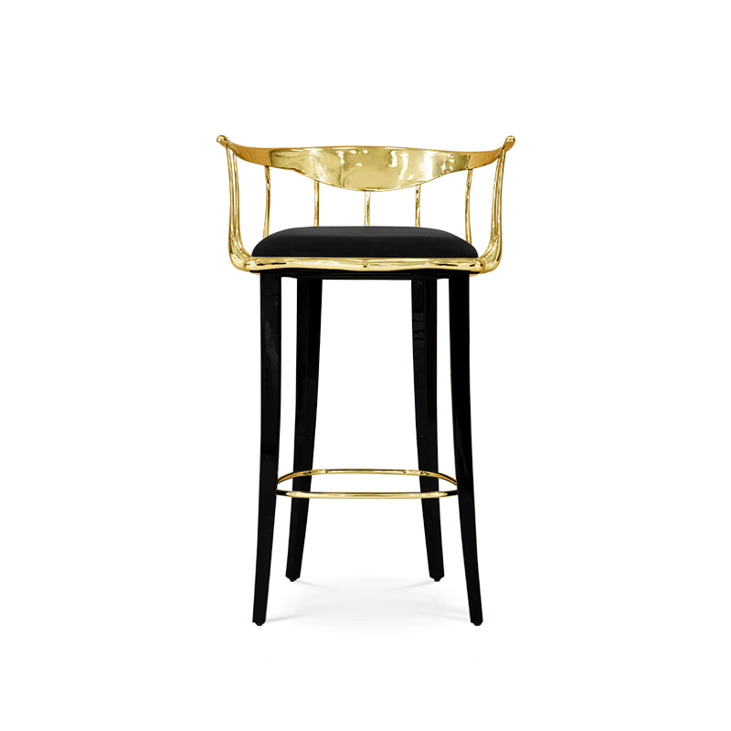 Роскошный современный барный стул из латуни с металлическими ножками и обивкой