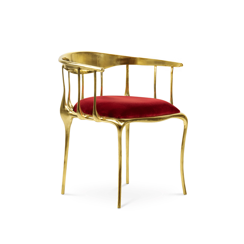 Роскошный современный обеденный стул из латуни с металлическими ножками и обивкой