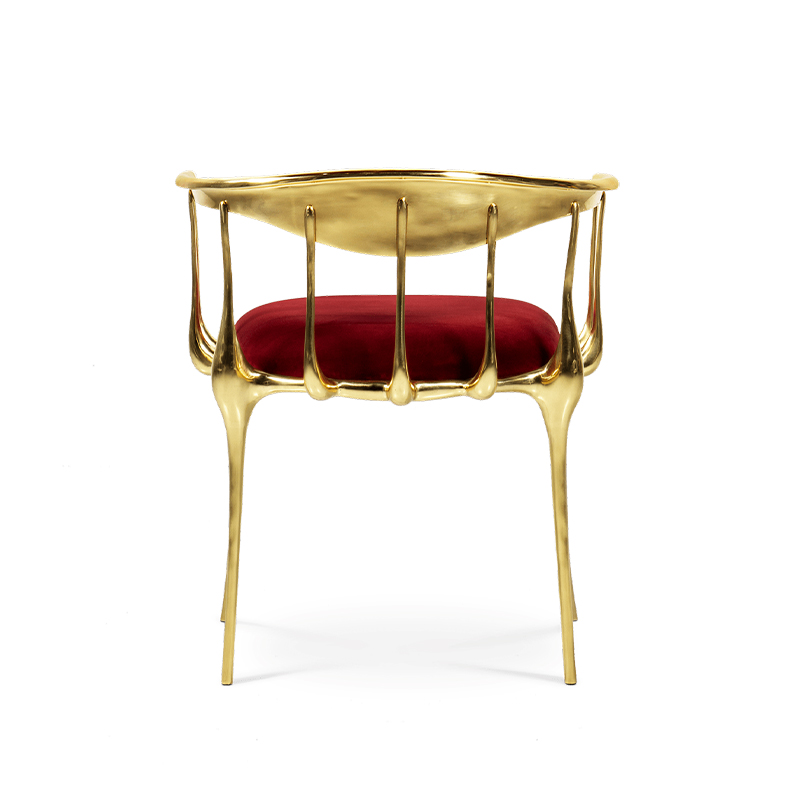 Роскошный современный обеденный стул из латуни с металлическими ножками и обивкой