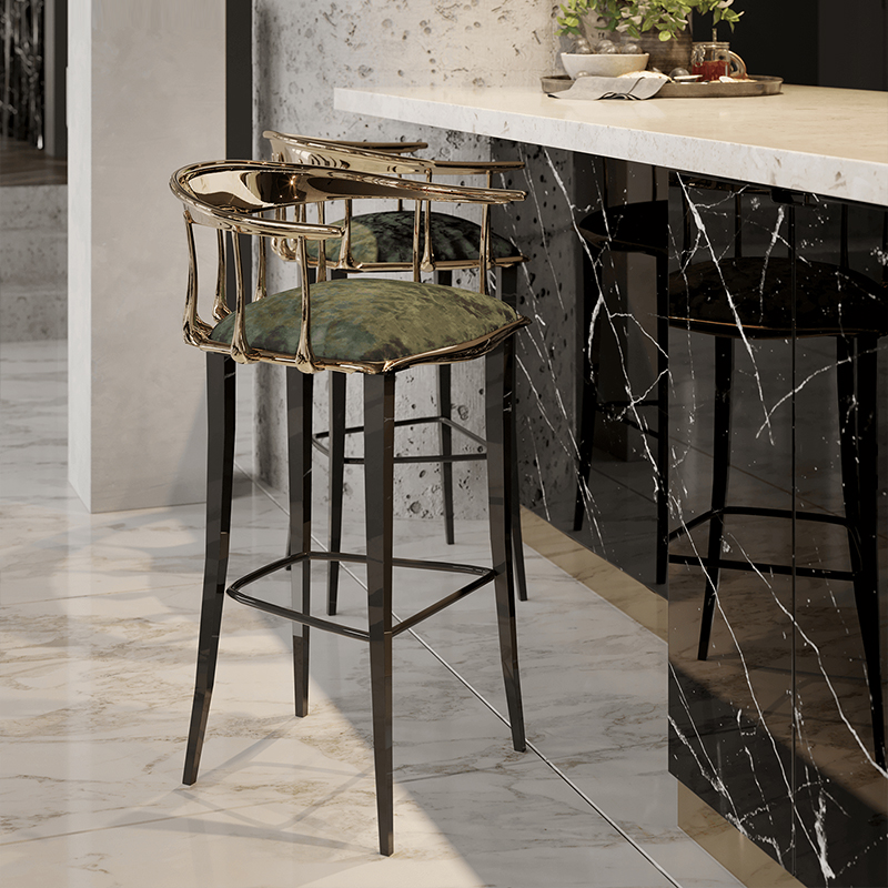 Роскошный современный барный стул из латуни с металлическими ножками и обивкой