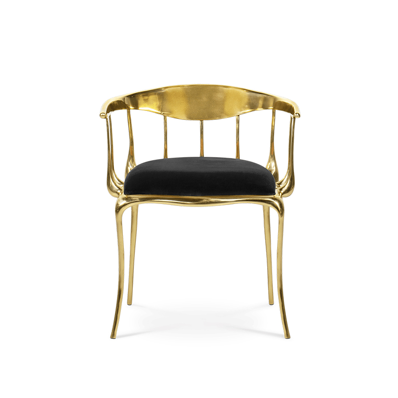 Роскошный современный обеденный стул из латуни с металлическими ножками и обивкой