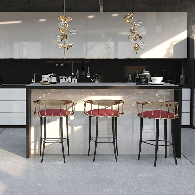 Роскошный современный барный стул из латуни с металлическими ножками и обивкой