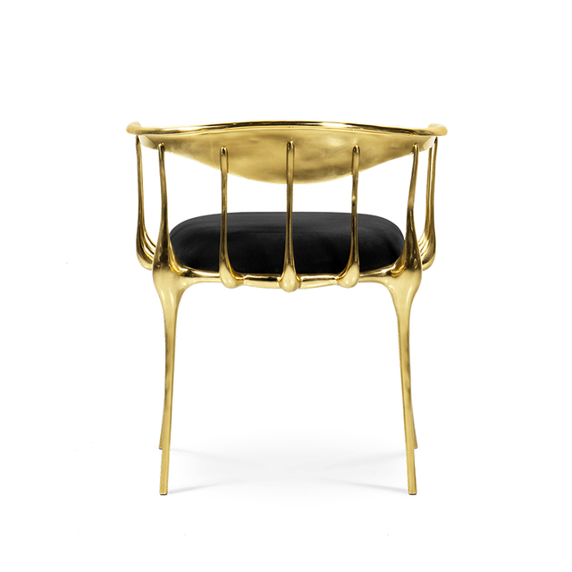 Роскошный современный обеденный стул из латуни с металлическими ножками и обивкой