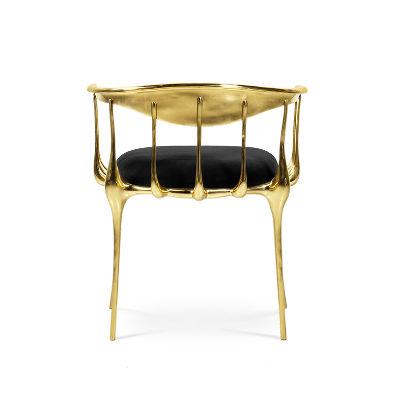 Роскошный современный обеденный стул из латуни с металлическими ножками и обивкой