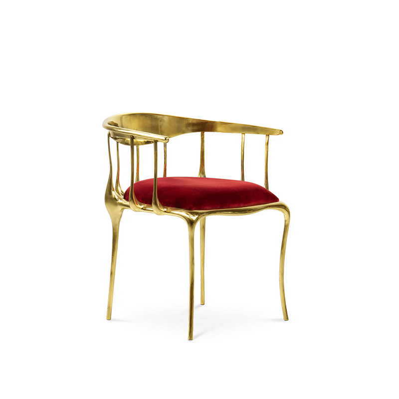 Роскошный современный обеденный стул из латуни с металлическими ножками и обивкой